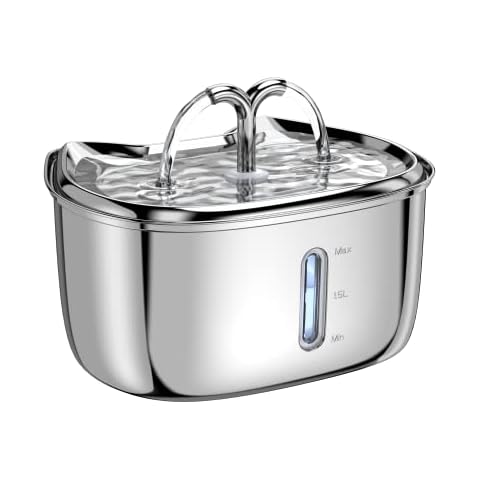 Cat Water Fountian Stainless Steel with Water Level Window and Led Light, 2.5L/84oz Automatic Pet Water Water Cat Water Fountain with 3 Replacement Filters Cover