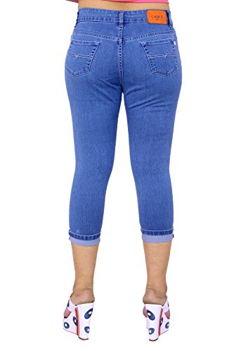 Image of FCK-3 Stretchable Denim Solid Mid Waist Knee Length Button Closure 5 Pocket Capree for Women
