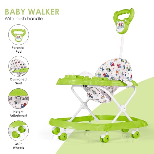 Image of BabyGo Tintin Baby Walker for 6-24 Months, Baby Walker with Push Handle & Activity Tray - Foldable Adjustable Height Infant Walker with Wheels, Music,Toy Bar and Comfotable seat (Green)