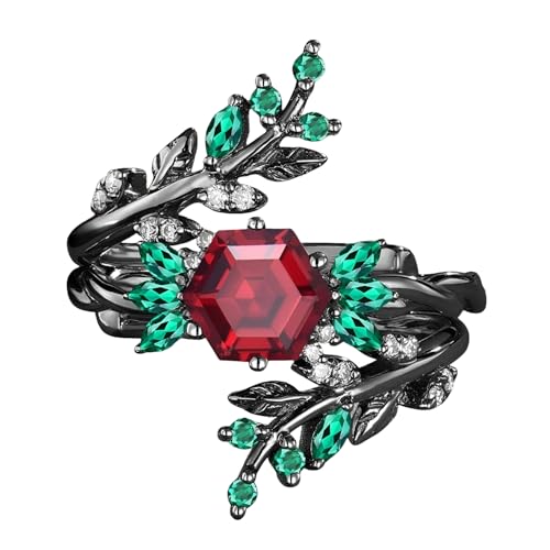 1.5CT Created Ruby Rings Set for Women Ruby Leaf Art Deco 2Pcs Ring Wedding Band With Emerald Twig 10K 14K 18K Black Gold Luxury Anniversary Jewelry with Gift Box