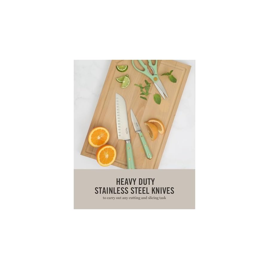 Martha-Stewart-16-Piece-Lockton-High-Carbon-Stainless-Steel-Cutlery-Kitchen-Knife-Block-Set-WABS-Tripe-Riveted-Forged-Handle-Acacia-Wood-Block-Sage-Green-WGold Martha Stewart 16 Piece Lockton High Carbon Stainless Steel Cutlery Kitchen Knife Block Set W/ABS Tripe Riveted Forged Handle Acacia Wood Block - Sage Green W/Gold