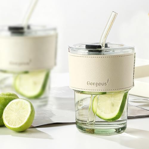 Copo de água de vidro de 340 g com canudo e tampa selada copo de café gelado de parede grossa para água, chá gelado
