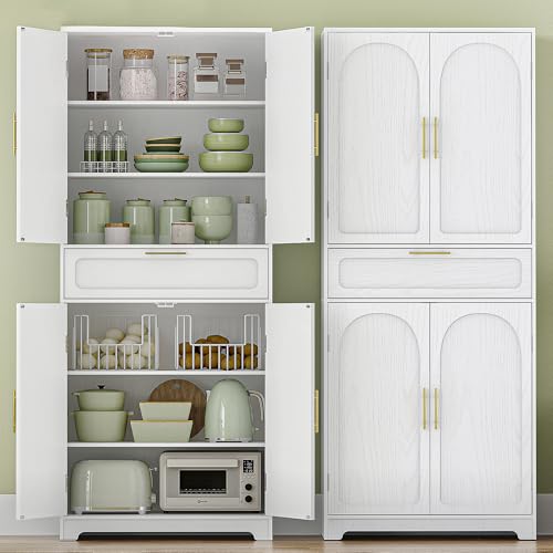 Hzuaneri Küchenschrank, Hochschrank mit 4 Türen, Sideboard mit 1 großen Schublade, Buffetschrank, Esszimmerschrank, Verstellbaren Ablagen, für Esszimmer, Küche, Wohnzimmer, Weiß PT18103X