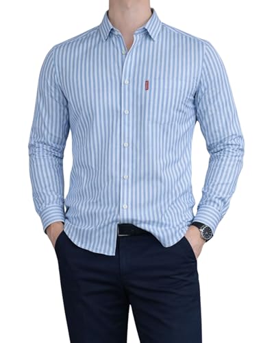 Image of MILDIN Men's Pure Cotton Striped Printed Shirt with Spread Collared Neck Full Sleeve Curved Hemline Button Closure and Regular Fit | Shirt for Man