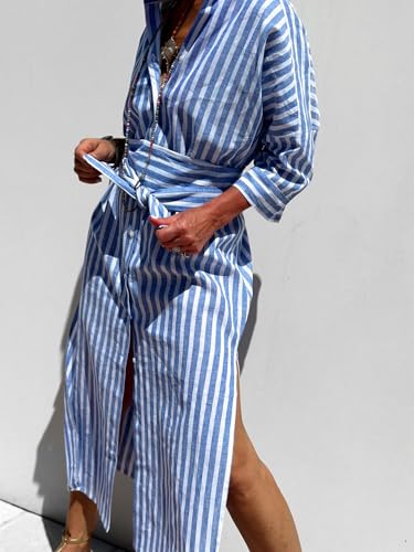 utcoco Womens 2025 Shirt Dress Casual Lapel 3/4 Sleeve Button Down Split Belted Vacation Maxi Dress3