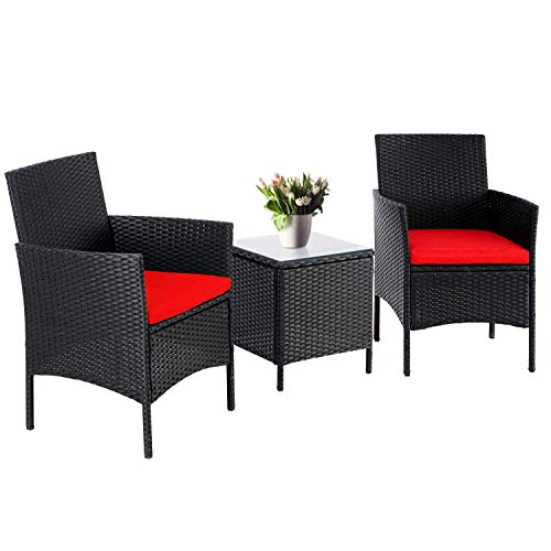 Patiomore 3 Pieces Outdoor Bistro Set Cushioned Furniture Set Black Wicker with Coffee
