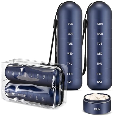 [2 Pack] Zannaki Metal Travel Pill Organizer Portable Waterproof Weekly Pill Box Large Aluminum Alloy Pill Case Container BPA Free 7 Day Daily Medicine Organizer Holder for Vitamin Supplement