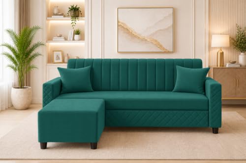 Image of L-Shaped 3 Seater Sectional Sofa with Ottoman | Modern Upholstered Couch | Vertical Channel Tufted Backrest | Diamond Quilted Arms & Base | Comfortable Living Room Furniture - Green