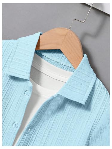 Image of RoseSeek Boy's 2 Piece Outfits Textured Button Down Short Sleeve Collar Shirts Tops and Elastic Waisted Pants Blue 7Y