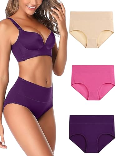 Image of GLAMORAS Women's Cotton High Waist Full Coverage Panty Set, Size M-XXL (Pack of 3 Panty) | High Rise Seamless Brief Panties for Women | Cotton Soft Tummy Support Underwear Panties for Women Combo Set