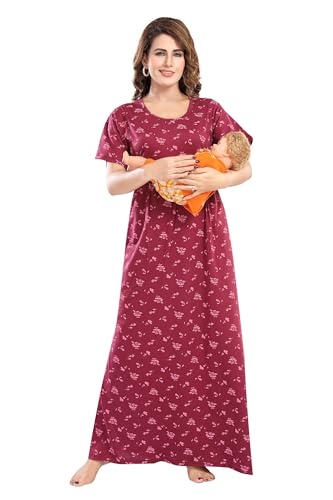 Image of Fabme Women's Full Length Printed Pre and Post Pregnancy Pure Cotton Nursing Nightdress Nighty