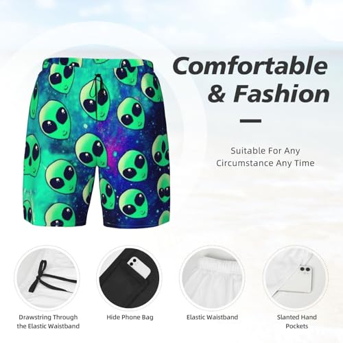 Green Aliens Print Men's Double Shorts Casual Lightweight Elastic Waist Drawstring Summer Beach Shorts4