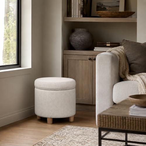 Image of HomePop 19 inch Round Storage Ottoman - White Woven Stripe