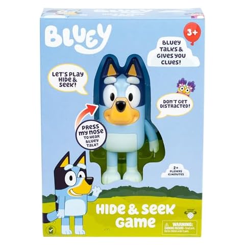 Bluey Hide & Seek Game, Hide The Figure and Press her Nose to Start The Built-in Timer, Talks and Giggles to Help Kids find her, When Found, Kids can Dance to Theme Song Cover