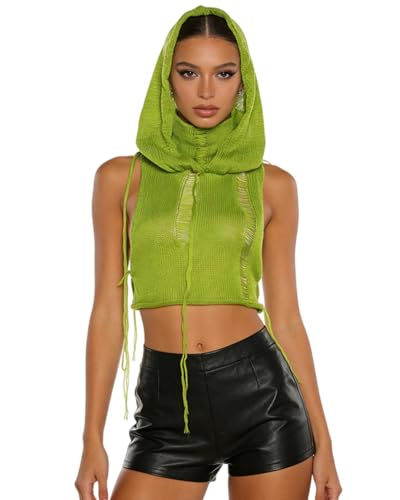 Image of Women Knitted Hoodie Sweater Vest Sexy Sleeveless Hollow Out Hooded Crop Top Streetwear Rave Oufit