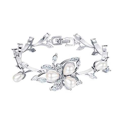 Ever Faith Women's Cz Simulated Pearl Bridal Flower Leaf Filigree Tennis Bracelet Clear Silver-Tone #TOP27