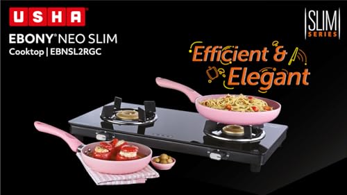 Image of USHA Ebony Neo Slim 2 burner (EBNSL2RGC) with stainless steel body, glass cooktop, large space for parallel cooking, and removable drip tray
