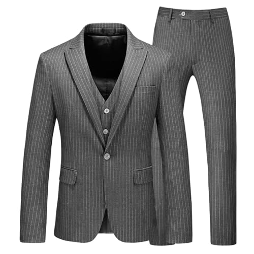 Men 3 Piece Striped Slim Fit Lapel Single Breasted Wedding Groom Business Set
