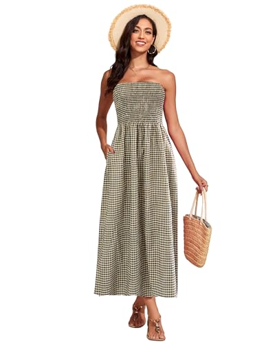 Image of Capuffy Women Strapless Boho Maxi Dress Sleeveless Tube A Line Summer Sundress with Pockets Flowy Swing Beach Dress 33