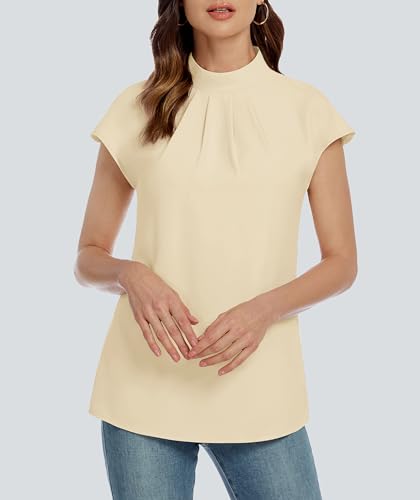 Image of Funlingo Womens Summer Tops Mock Neck Short Cap Sleeve Blouses Business Casual Work Chiffon Shirts Front Pleated Tunic Top