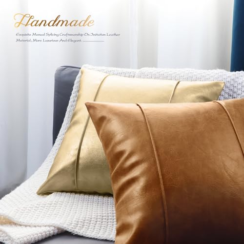 Image of BRAWARM Tan Leather Throw Pillow Covers 20 X 20 Inches - Faux Leather Pillow Cover with Piping, Hand Stitched Leather Throw Pillow for Couch Sofa Bed Living Room Home Decorative