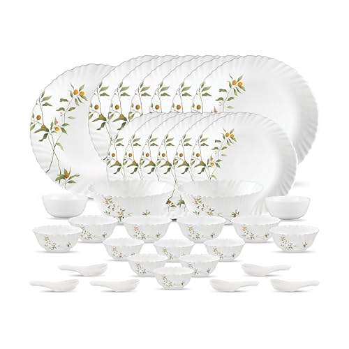 Image of La Opala Novo Collection Opal Glass Crockery | for Family of 6 | Dinner Set 35 pcs Vivid Greens | Plates & Bowls for Dining | Microwave Safe | 100% Vegetarian | Extra Strong | Light & White