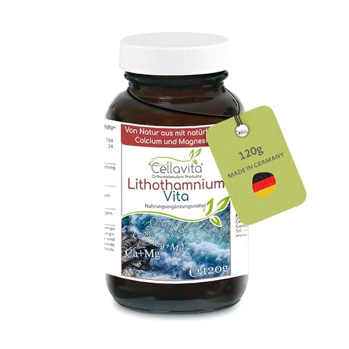 CELLAVITA - Lithothamnium calceraceum Vita Calcium Magnesium 120 g - Natürliche Kalziumquelle aus Rotalgen vegan (Monatsvorrat im Glas) - Nahrungsergänzungsmittel einfach zu dosieren & zusatzstofffrei