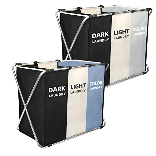Laundry Hamper Baskets,Laundry Sorter Basket Foldable 3 Sections Laundry Bag With Stainless Steel Frame, Dirty Clothes Hamper For Laundry Room Organization (2 Pack-Blue & Grey) #TOP8