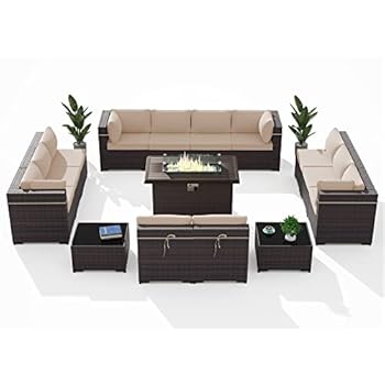 Alternative view of RTDTD Outdoor Patio Furniture Set with Propane Fire Pit Table, 15 Pieces Outdoor Furniture Patio Sectional Sofa Conversation Sets w/ETL Approved 43" Gas Outdoor Fire Table & Coffee Table(Brown)