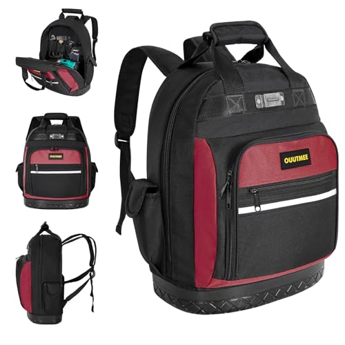 FREEAMG Werkzeugrucksack mit Gummiboden, Werkzeugtasche für Elektriker, Robuster Werkzeugrucksack Organizer mit Gepolsterten Schultergurten für Bauarbeiter (Rot)