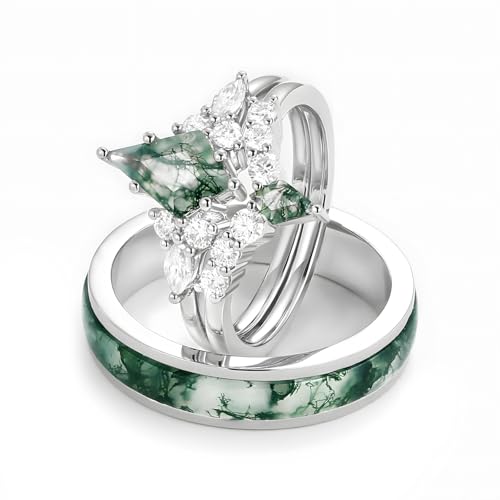 Natural Kite Cut Moss Agate Couple Wedding Rings Sets, S925 10K 14K 18K Gold Moissanite Engagement Rings Set for Man and Women, Customized His and Her 3pcs Green Promise Bands for Anniversary3