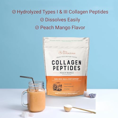Image of Live Conscious Collagen Peptides Powder - Peach Mango Flavored Collagen Powder - Hair, Skin, Nail, & Joint Support - Type I & III Grass-Fed Collagen Supplements for Women and Men (2-Pack)