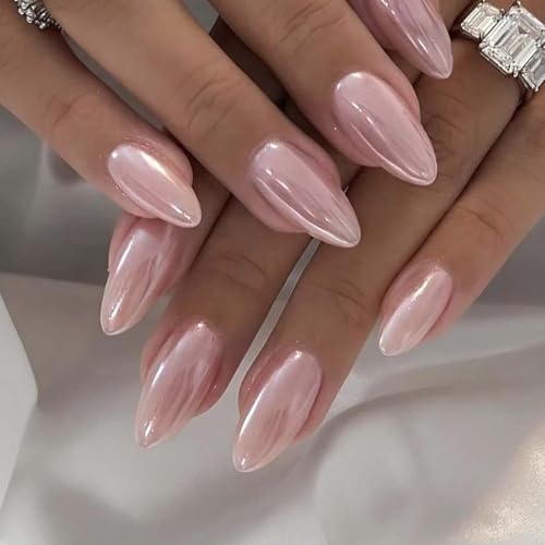 Pink Chrome Press on Nails Medium Almond Fake Nails Spring Summer...