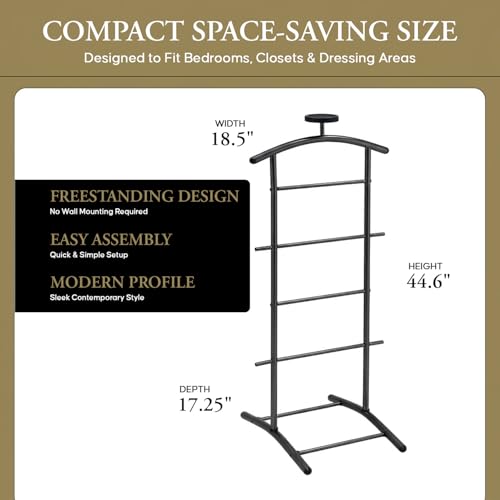 Image of Kings Brand Freestanding Metal Suit Valet Stand with Tie Bar, Black | Complete Clothing Organizer - Freestanding Valet Stand Organizes Jackets, Pants, Ties, Belts, And Accessories Neatly