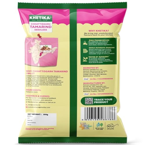 Image of Khetika Tamarind Seedless 200 grams, Whole Imli, Dry Tamarind, Tasty & Tangy Flavor, No Artificial Color, Rich in Antioxidants, Hygienically Sealed, Naturale | Whole Imli, Tasty & Tangy Flavor, No Artificial Color, Rich in Antioxidants, Hygienically Sealed