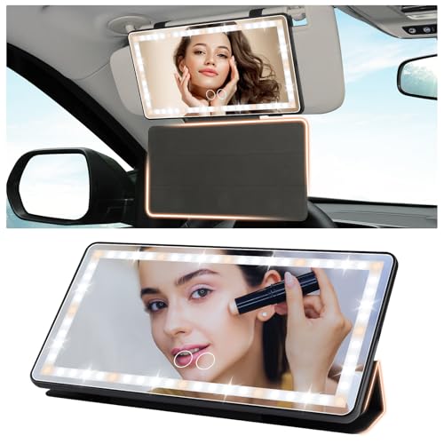 Car Sun Visor Vanity Mirror with Protective Cover, Rechargeable LED Visor Mirror with 3 Light Modes Touch Control, Universal Sun Visor Travel Makeup Mirrors for Car SUV Truck