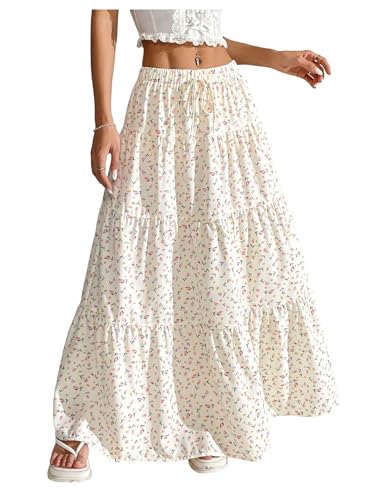 Floerns Women's Summer Holiday Maxi Floral Skirt Elastic Waist Tie Front Vacation Tiered Long Skirts