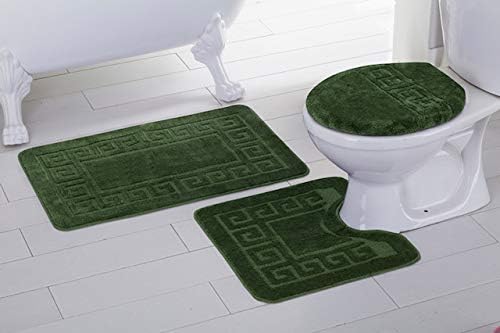 Elegant Home 3 Piece Bathroom Rug Set Bath Rug, Contour Mat, Lid Cover Non-Slip with Rubber Backing Greek Key Design Solid Color # Laura (Dark/Olive Green)