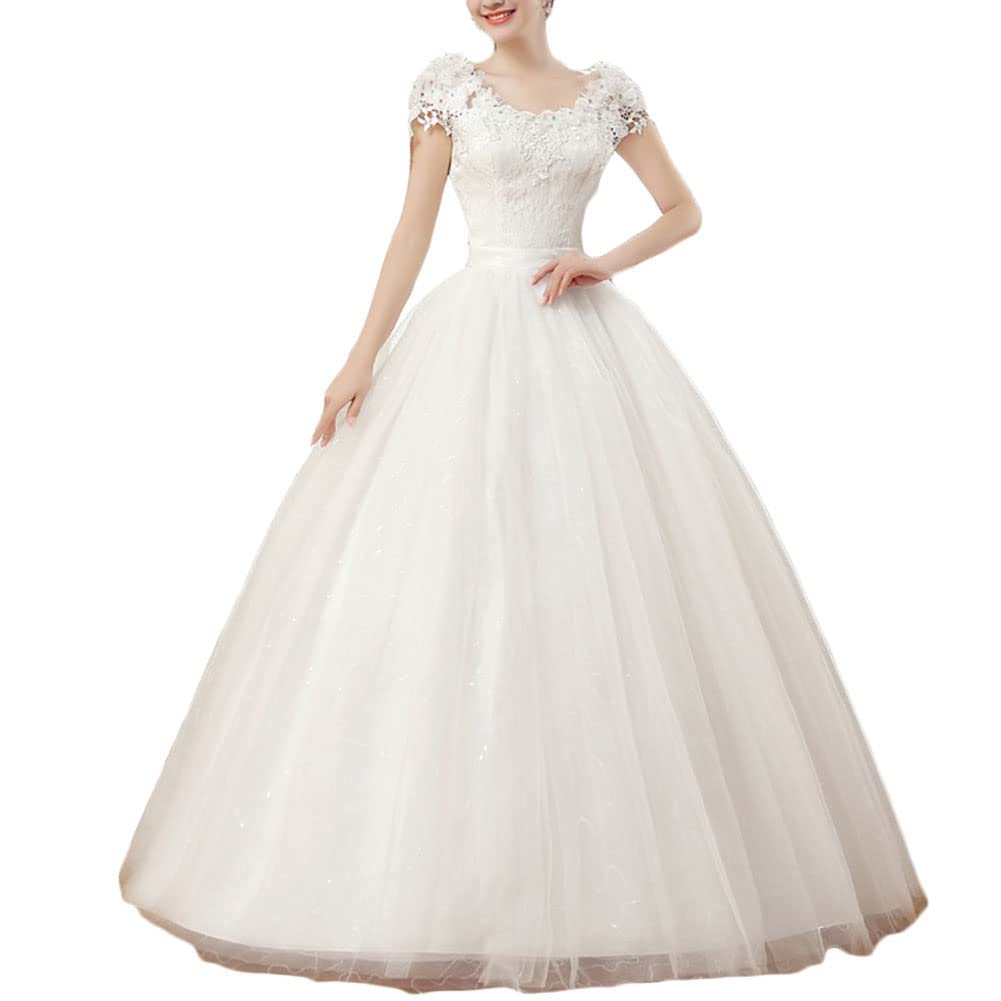 GUOCU Robe de Mariée Femme Asymétrique Dentelle Longue A Line Taille Empire Élégante Tulle Robe de Mariage en Double V-Col Et Manches Courtes