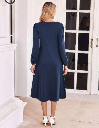 Image of Zeagoo Fall Dresses for Women Long Sleeve Midi Dress Casual A Line Dresses 2026 Pleated Flare Dress with Pockets