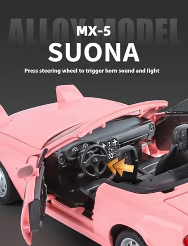 Image of 1:24 Mazda Miata MX-5 Diecast Model Car - Pull Back Metal Sports Toy Car with Light & Sound, Openable Doors - Collectible Toy Gift for Kids & Adults (Pink)