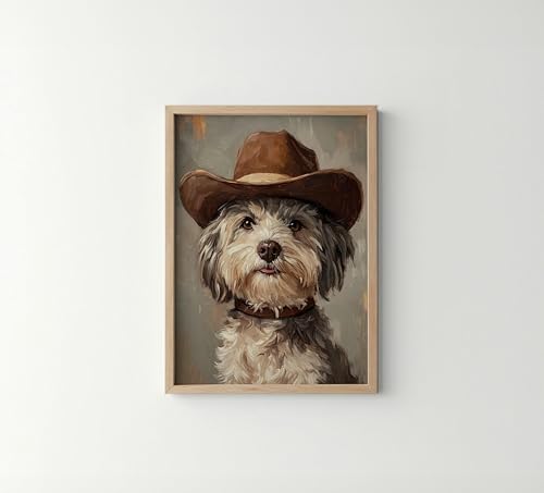 Image of aj decor Havanese Cowboy Hat Wall Art Print Poster, Dog Pet Lover Picture Painting Artwork Bedroom Living Room Office Dining Room 151D (Havanese Cowboy Hat, 11 inch W x 14 inch L, Wood Frame)