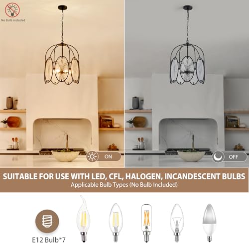 peskoe Modern Black 18 Inch Glass Chandelier for Dining Room Over Table, Unique Pendant Lighting Fixture, Farmhouse Hanging Lamp for Foyer Bedroom Living Room Bar 7-Light — view 4