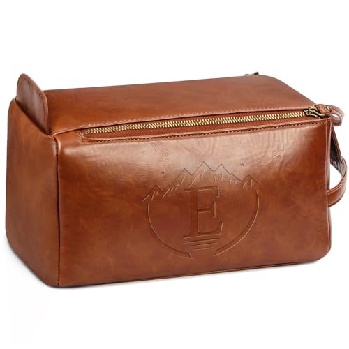 Personalized Toiletry Bag for Men,Initial Mens Toiletry Bags for Traveling,Men Travel Toiletries Bag,PU Leather Shaving Bag for Toiletries Accessories kit,Brown E