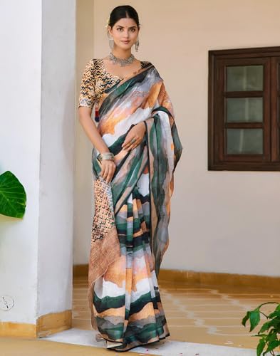 Image of SIRIL Women's Cotton Linen Printed Zari Border Saree with Unstitched Blouse Piece