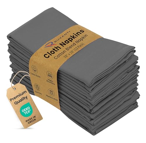 Image of Ruvanti Cloth Napkin Set of 12, 18x18 Inch Soft & Absorbent Cotton Enrich Dinner Napkins for Hotel, Wedding Parties, Napkin-Everyday -Charcoal Grey