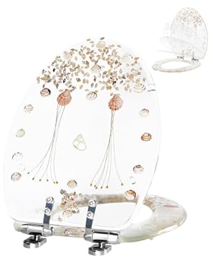Resin Toilet Seat, Slow Close Elongated Toilet Seat with Clear Seashells Cover Acrylic Ocean Series, Heavy Duty Toilet Lid for Bathroom(Elongated 18.5-inch, Clear Seashells, Upgraded hinge)
