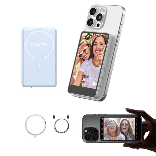 SYNCO Xview M4 Selfie Monitor Screen iPhone Magnetic Silicone WiFi-Free Connection Rear Camera Monitor for Live Streaming,TikTok,Compatible with iPhone Android (Blue Case)