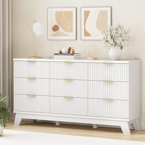 Image of Xixini Fluted Dresser for Bedroom with 9 Drawers, 57 inch Wide Modern Chest of Drawers with Metal Handle, Wooden Dresser TV Stand, Wood Closet Clothes Storage Organizer for Living Room, Hallway, White