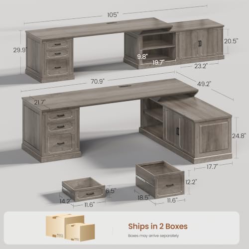 Image of SEDETA Farmhouse L Shaped Desk with Drawers, 70.9 inch Home Office Desk with Storage Cabinet and Storage Shelves, L Shaped Computer Desk with Power Outlet,Gray